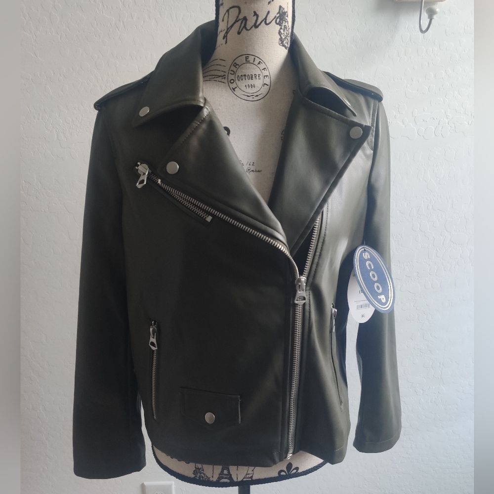 🆕 Scoop Vegan Faux Leather Moto Biker Olive Military Green Fall Jacket_XS